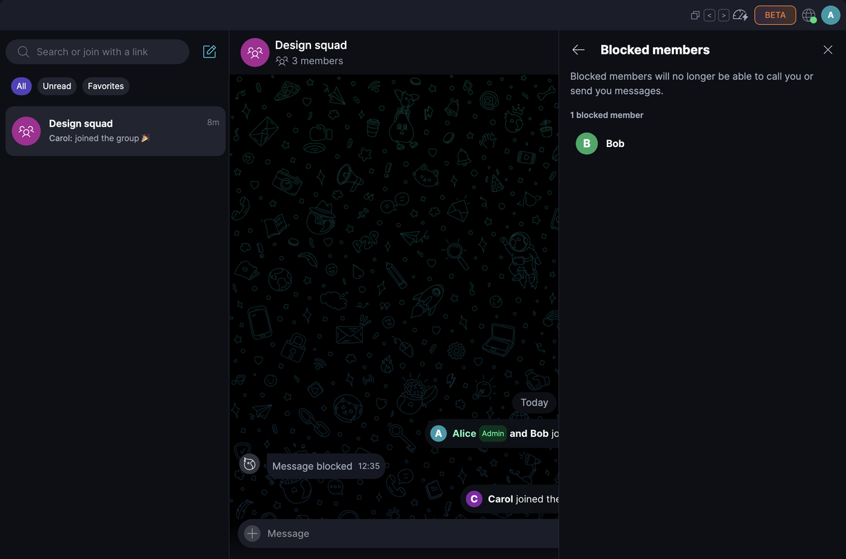 Blocked Members π« Β· Desktop Blocked members lists every member you've blocked, with their avatar and name.