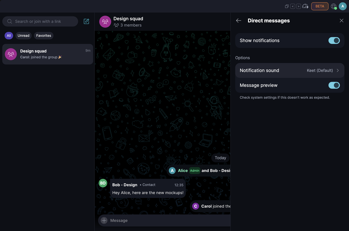 Notifications · Desktop Direct messages has its own notification sound and message preview settings.
