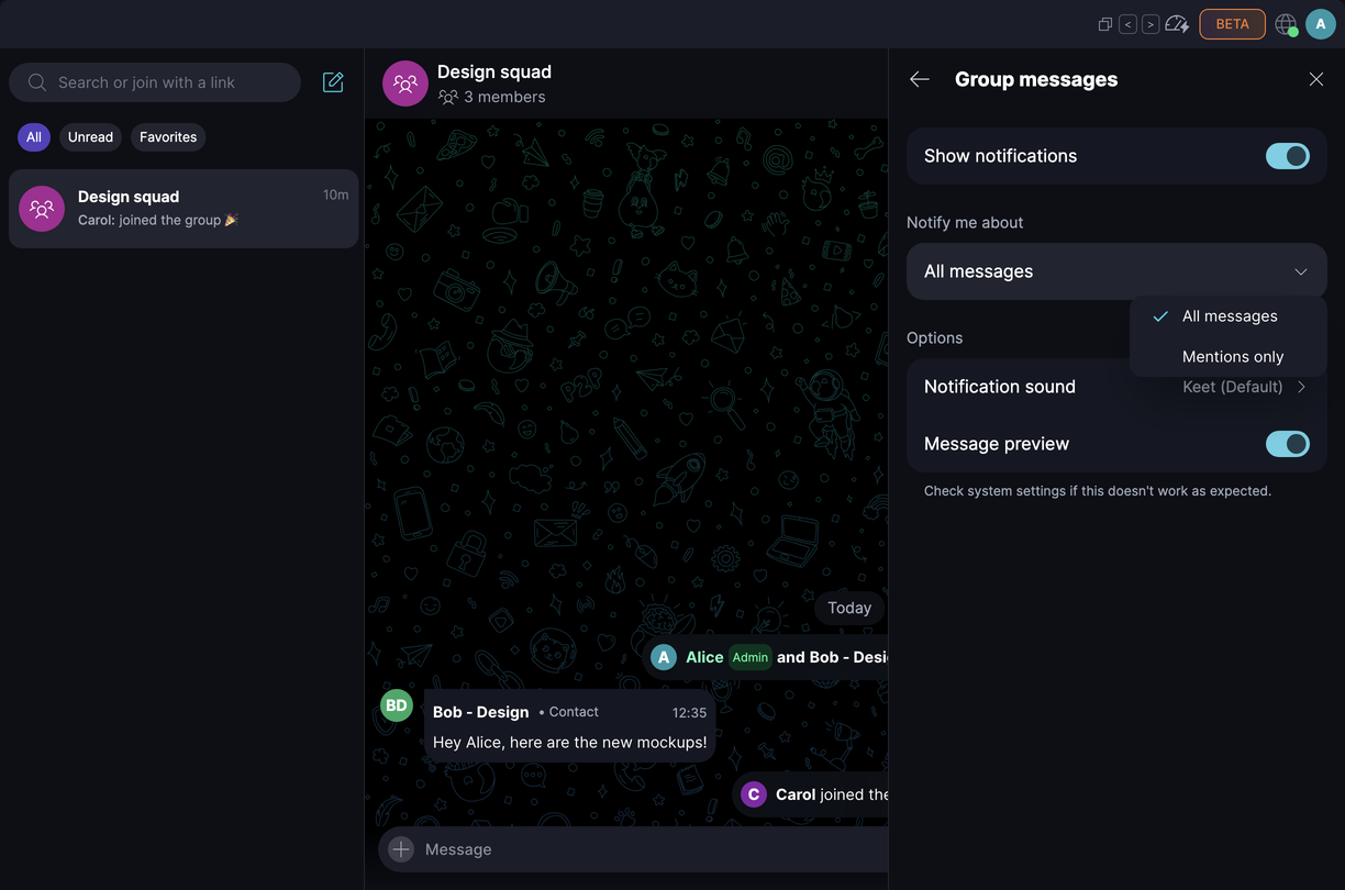 Notifications · Desktop On Group messages, 'Notify me about' lets you choose All messages or Mentions only.