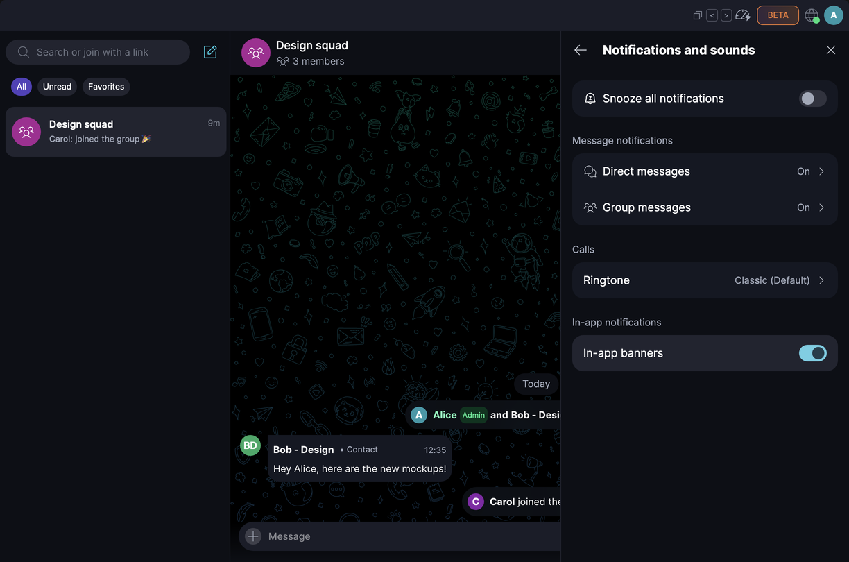 Notifications · Desktop Notifications and sounds has separate settings for direct and group messages, your call ringtone, and in-app banners.