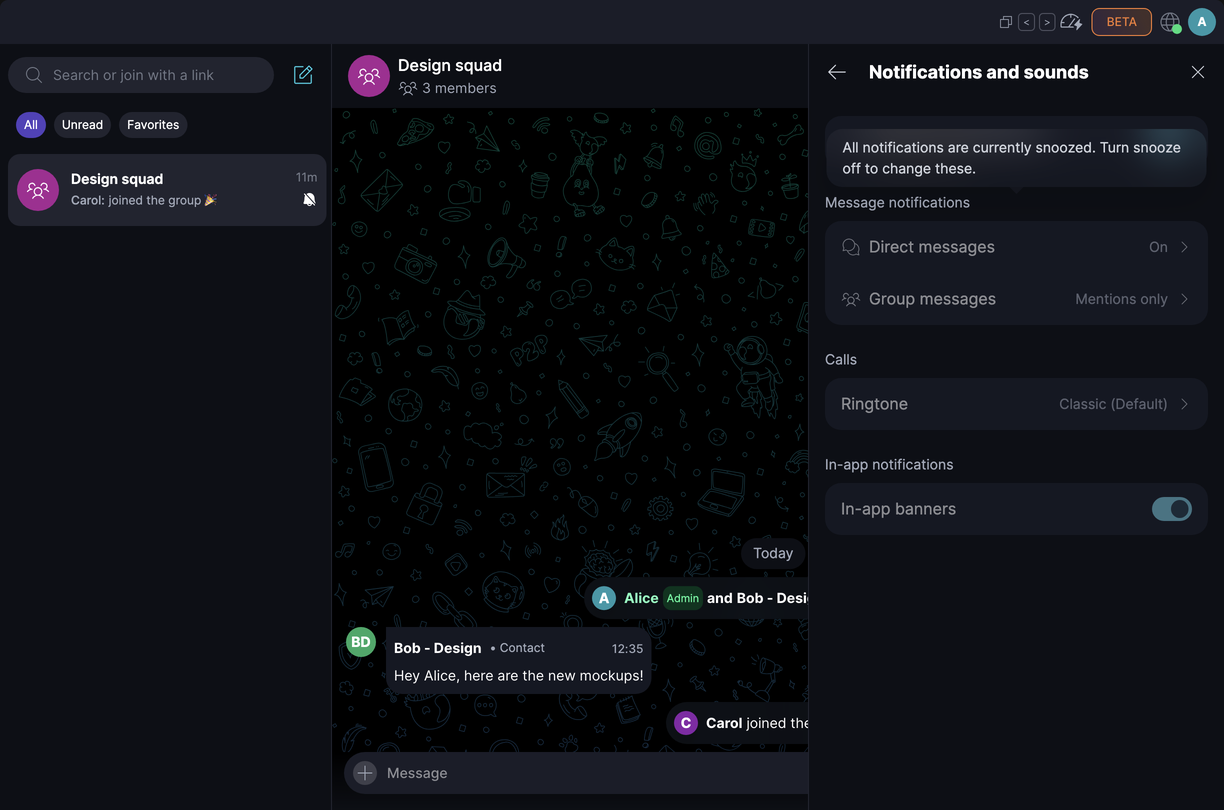 Notifications · Desktop While snoozed, the settings below Snooze all notifications can't be changed.