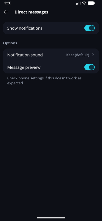Notifications · Mobile Direct messages has its own notification sound and message preview settings.