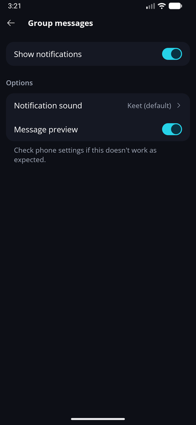 Notifications · Mobile Group messages has its own notification sound and message preview settings.