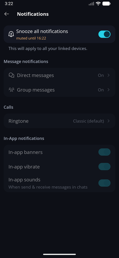 Notifications · Mobile While snoozed, the settings below Snooze all notifications can't be changed.