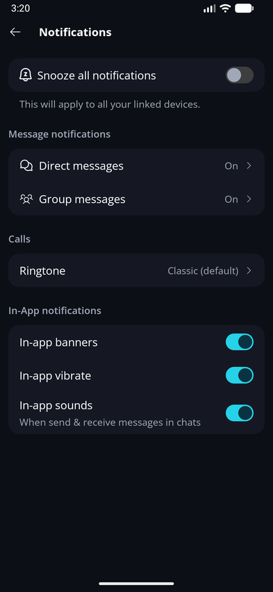 Notifications · Mobile Notifications has separate settings for direct and group messages, your call ringtone, and in-app notifications.